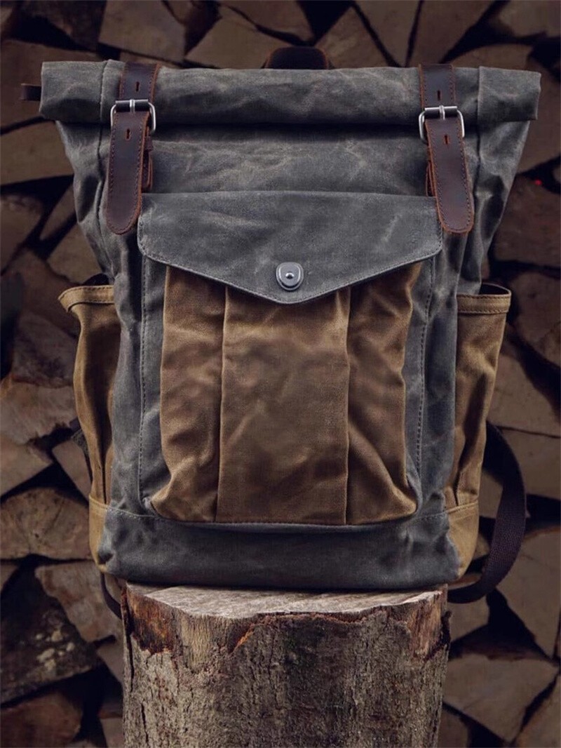 Men Retro Oil Wax Canvas Backpack Shoulder Bag Leisure Travel Knapsack