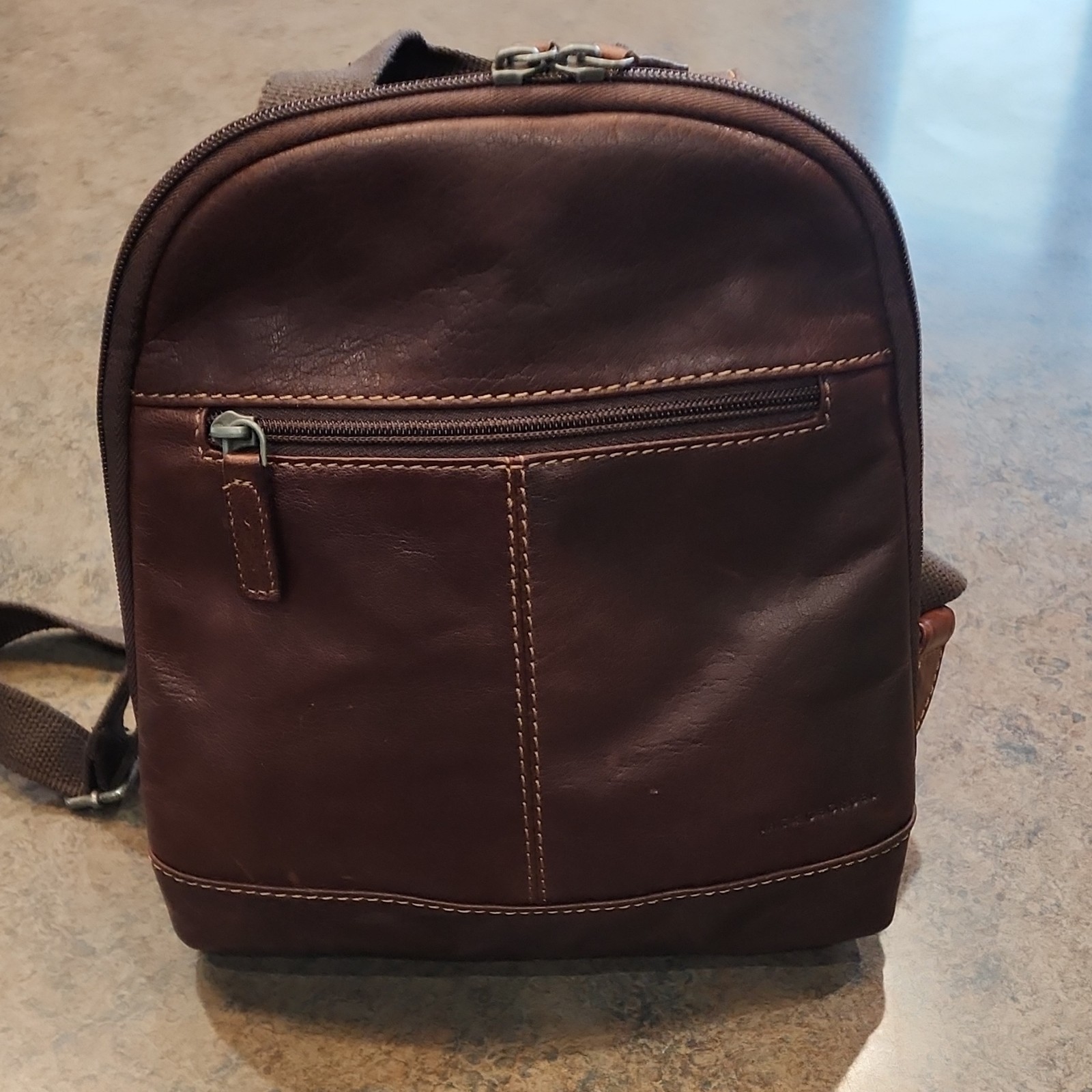 Jack Georges Brown Zip Backpack Leather w/ Striped inside Pattern Men’s 10×10
