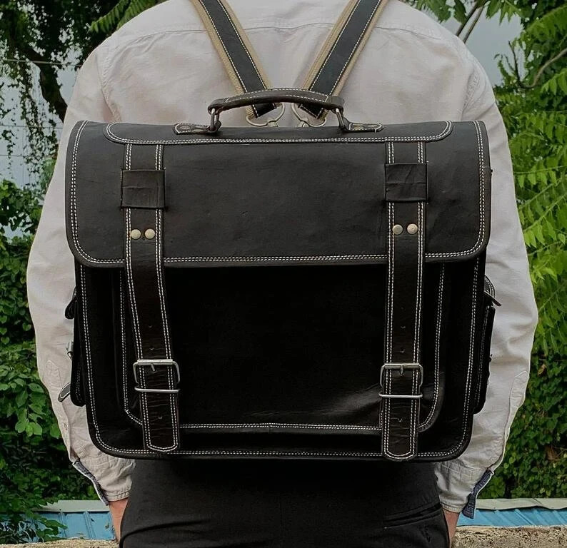 Handmade Vintage Leather Messenger Backpack Crossbody Convertible Briefcase Bag