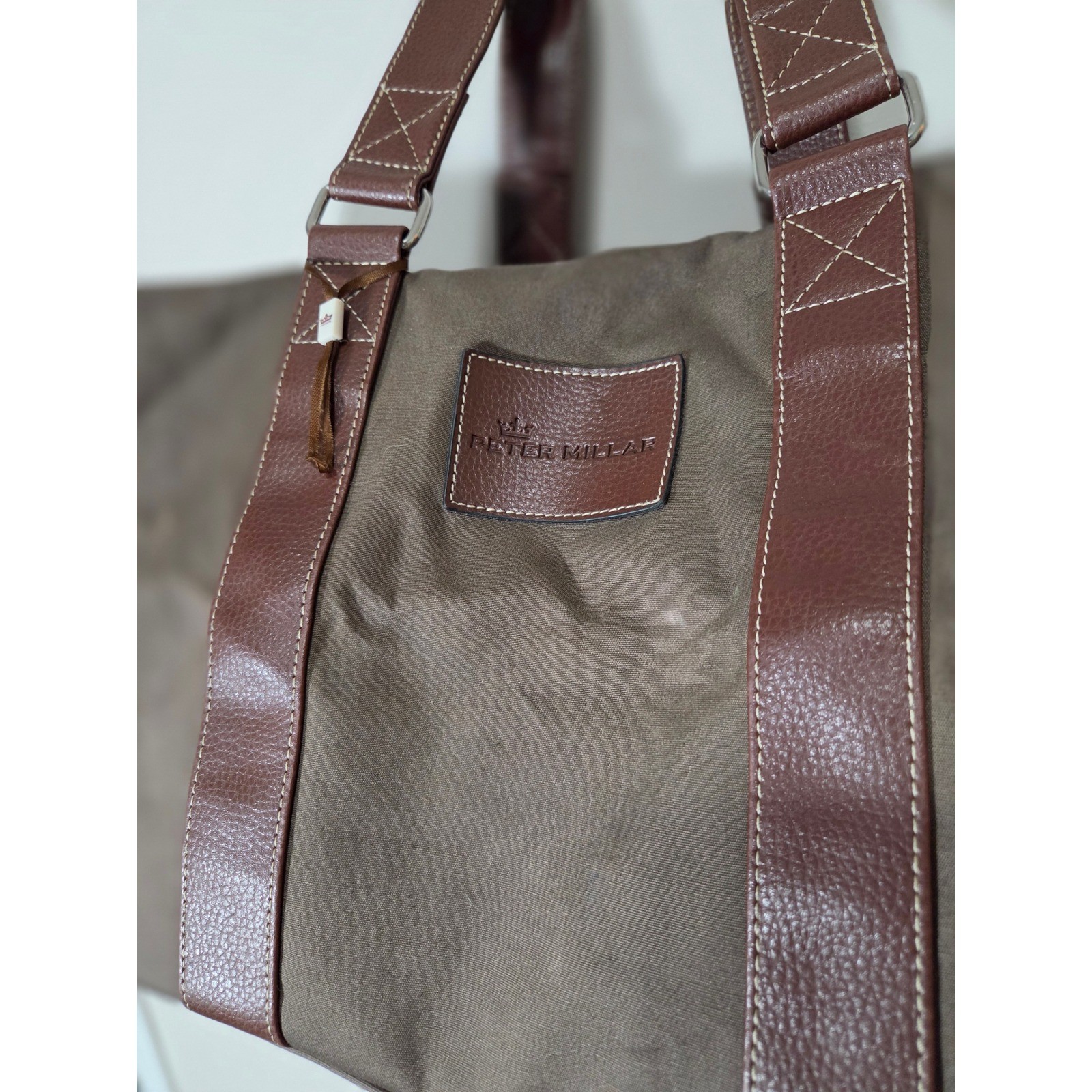 Peter Millar Canvas Duffel Bag Brown Olive Plaid Lining Weekend Travel Gym Bag