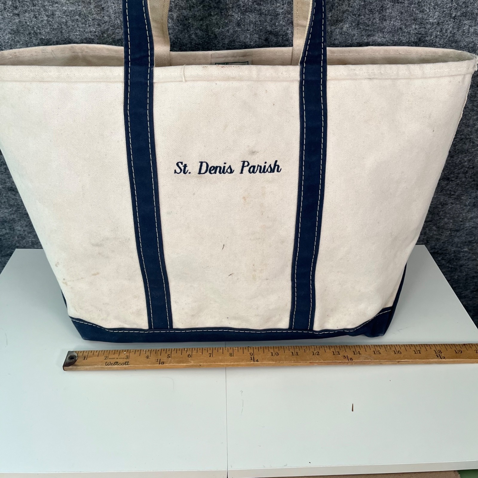 Vintage Boat & Tote Bag LL Bean USA Utility White Navy Outdoors Canvas Beach 80s