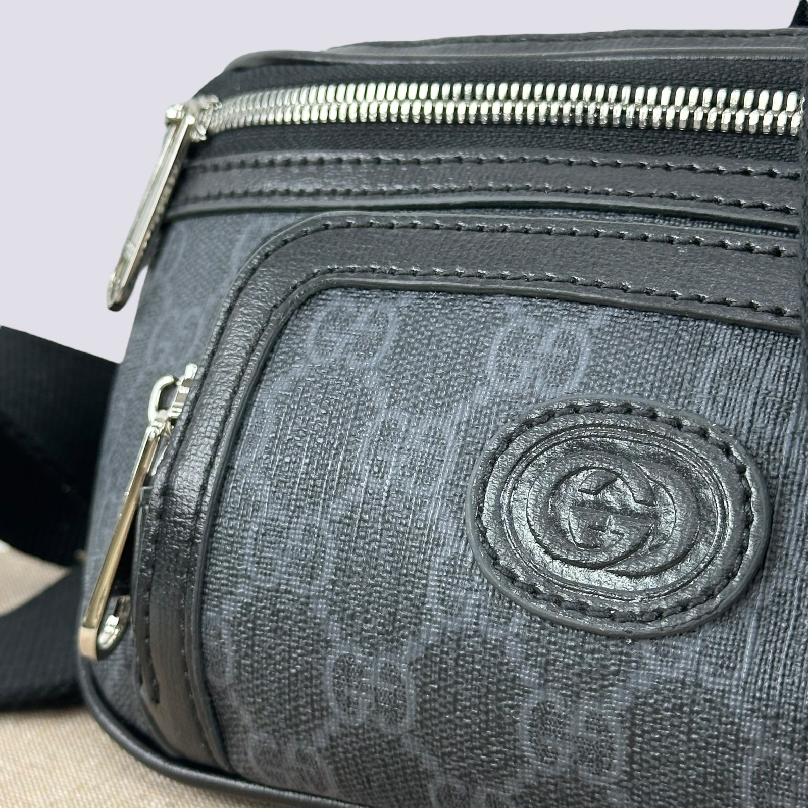 Gucci GG Monogram Logo Interlocking G Canvas Crossbody Belt Bag Black 682933