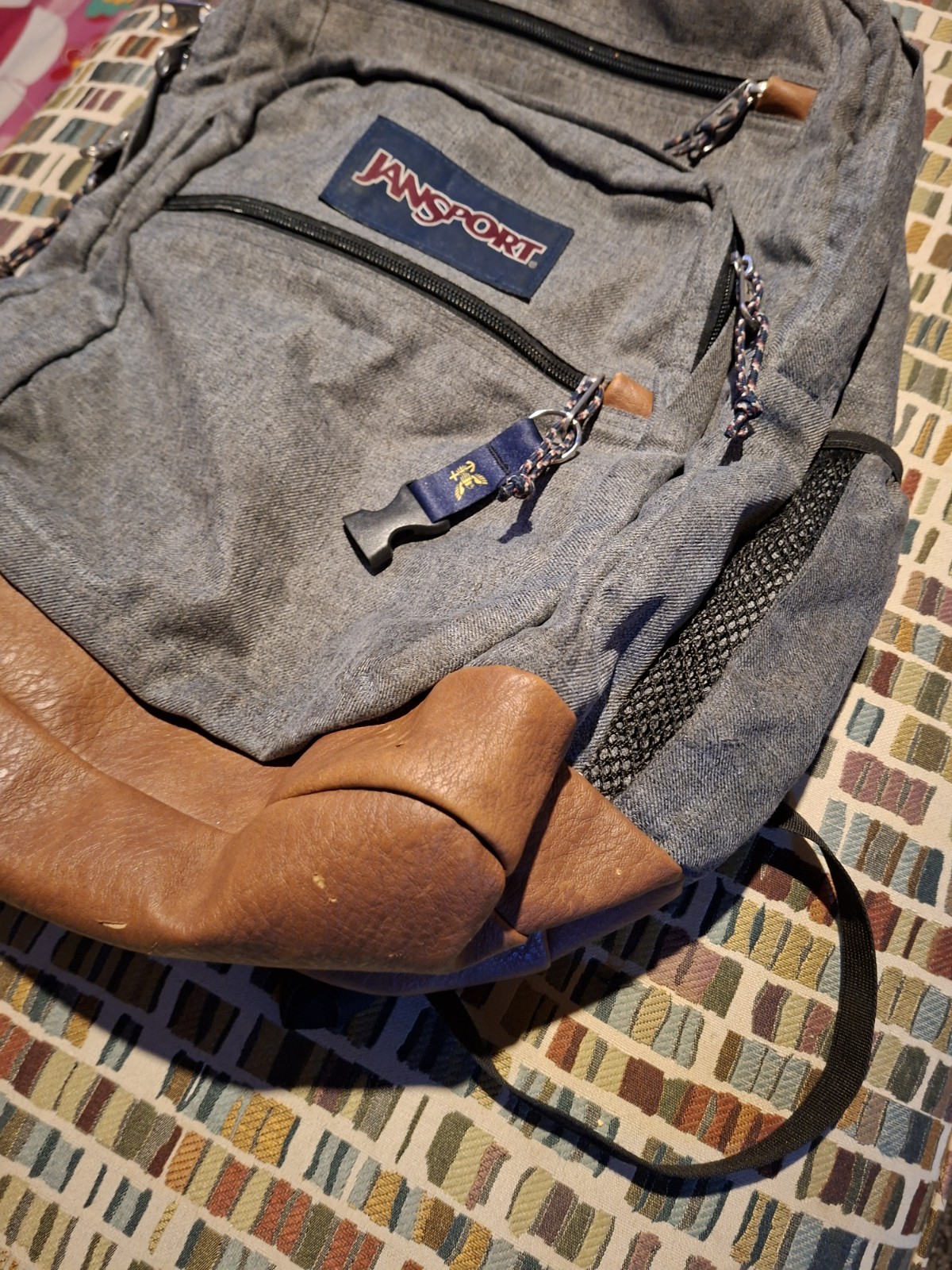JanSport Backpack Cool Student Laptop Gray Faux Brown Leather Bottom JS0A2SDD