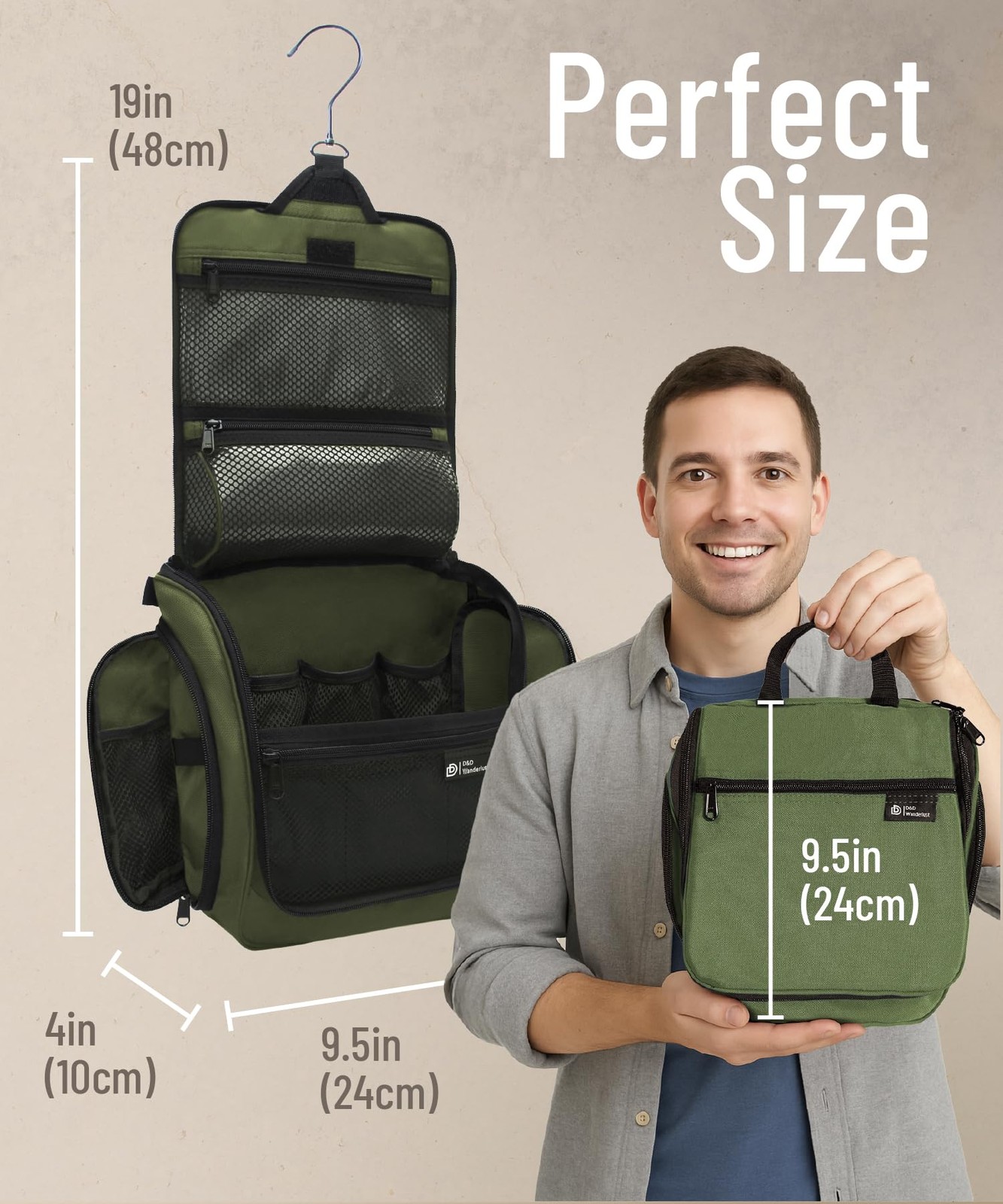 DD D&D Wanderlust Hanging Travel Toiletry Bag for Men and 19x10x2 Inch, Green