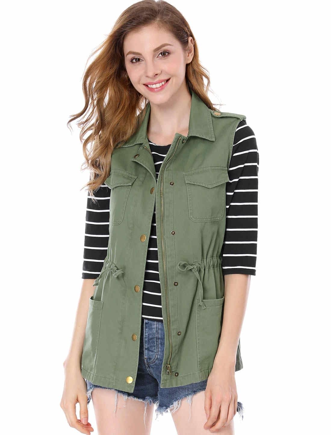 ‘s Functional Pockets Drawstring Waist Cargo Vest M Green (10)