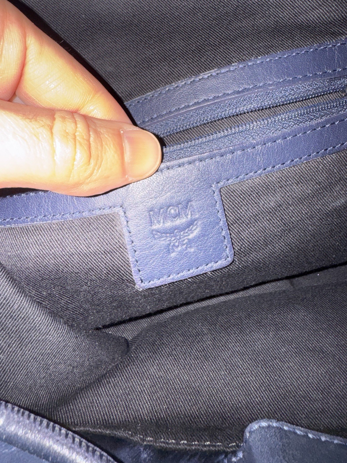 MCM Dieter Two Pocket Monogram Visetos Nylon Leather Flap Backpack Navy Blue Bag