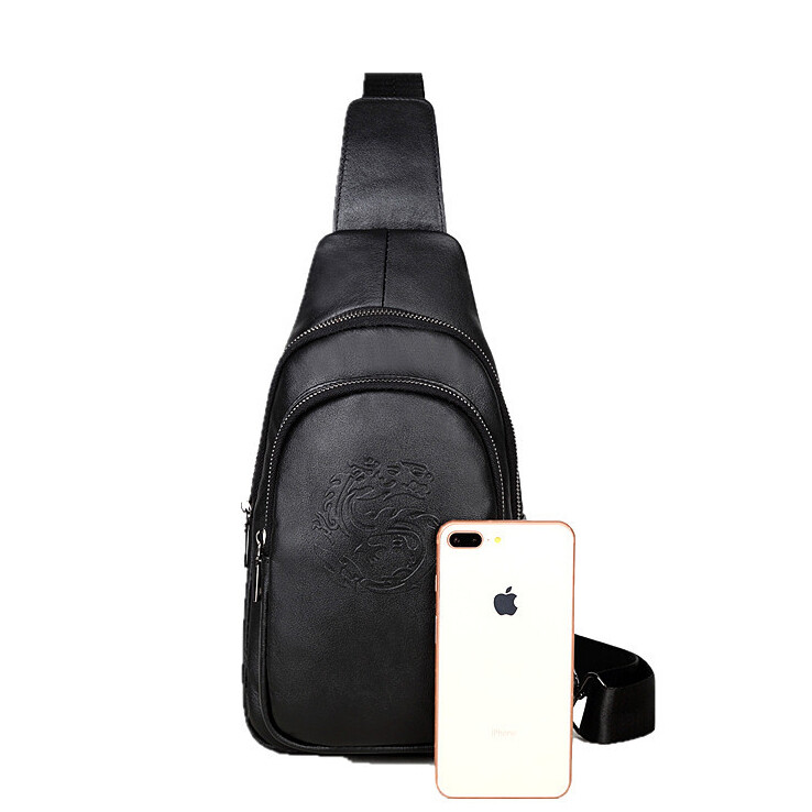 Genuine Leather Sling Backpack, Black Men‘s Crossbody Chest Bag Causal Daypack