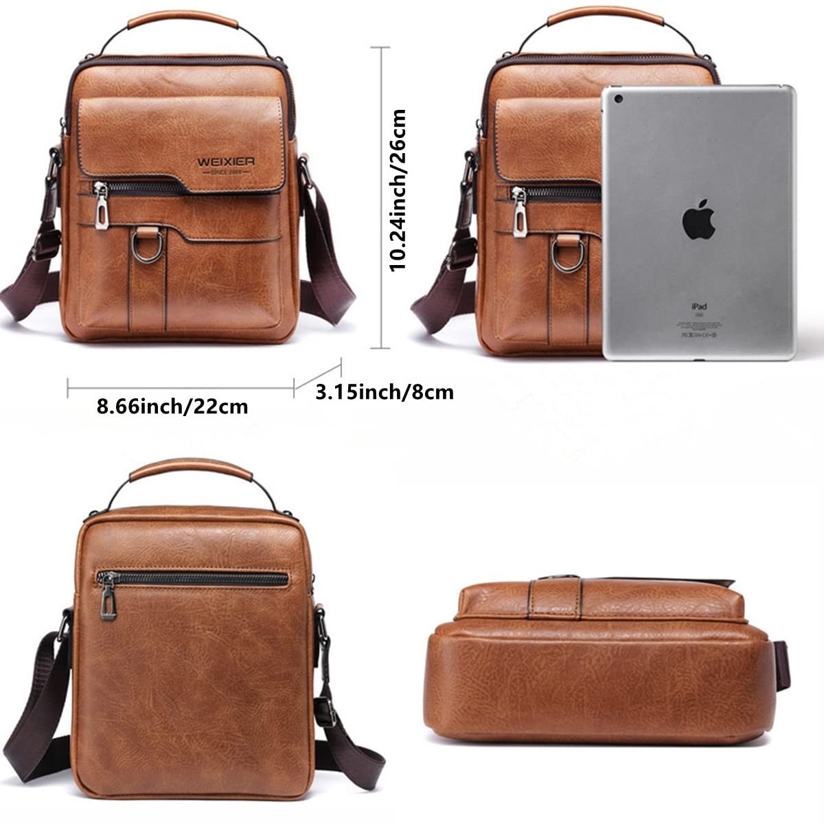 Zipper Buckle Leather Messenger Bag Vintage Handle Bags (Red-brown)