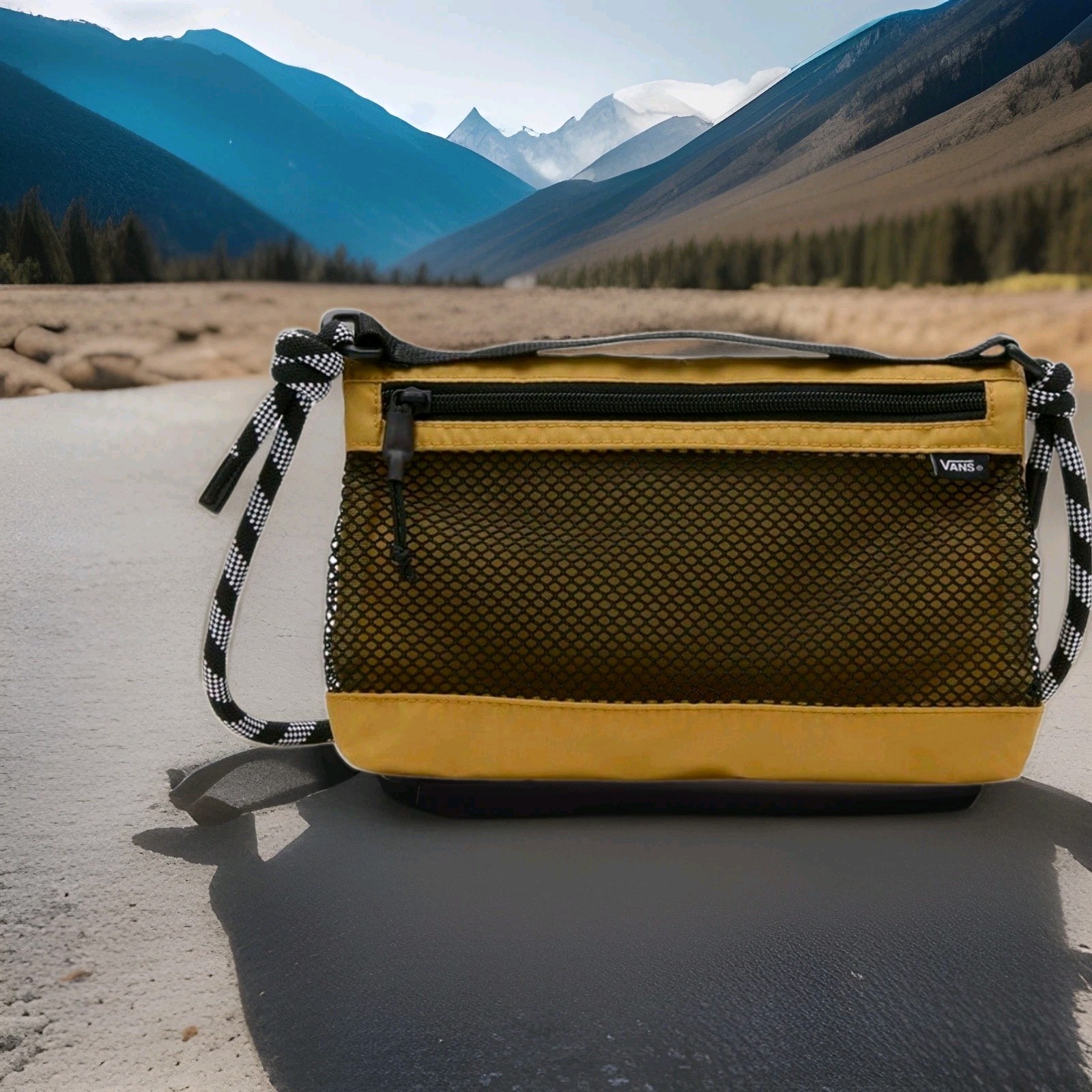 VANS Cordura Level Out Cross- Body Antelope Black 8x5x2 inch Mesh Bag Rope Strap