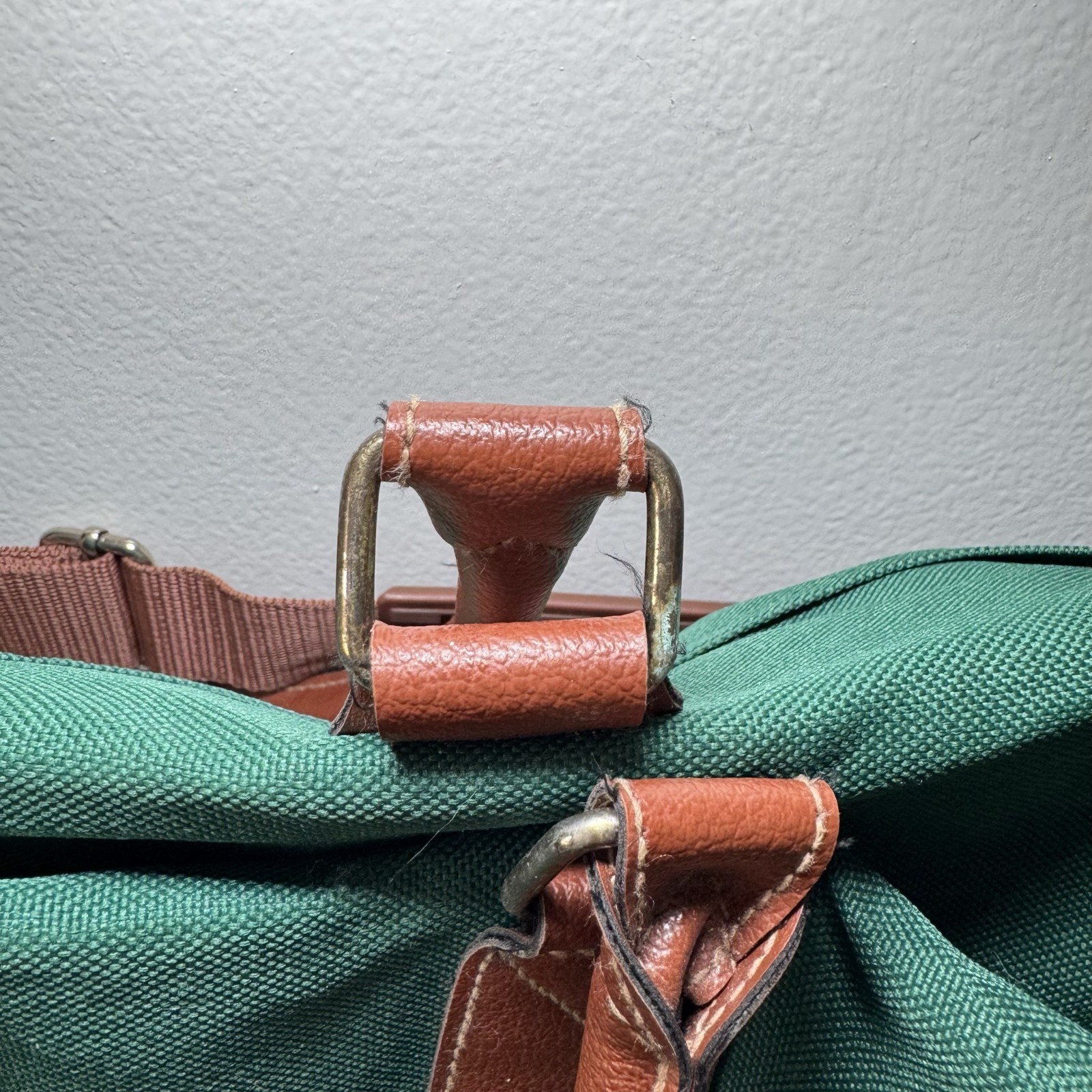 Vintage Ralph Lauren Weekender Duffel Bag Canvas Green Brown Leather Trim Travel