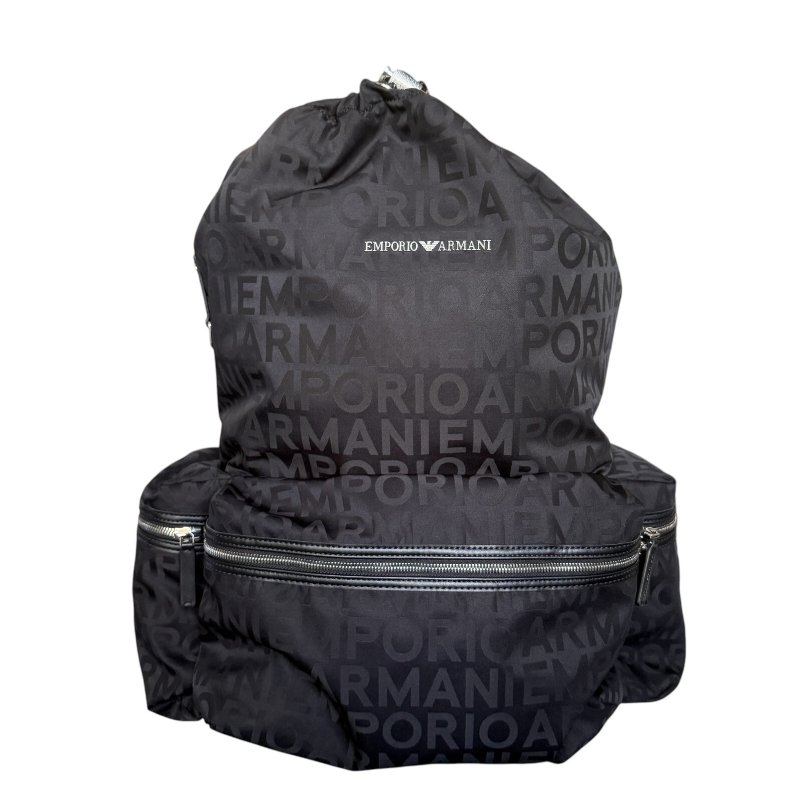 New Emporio Armani Black Nylon oversized Drawstring Logo Backpack