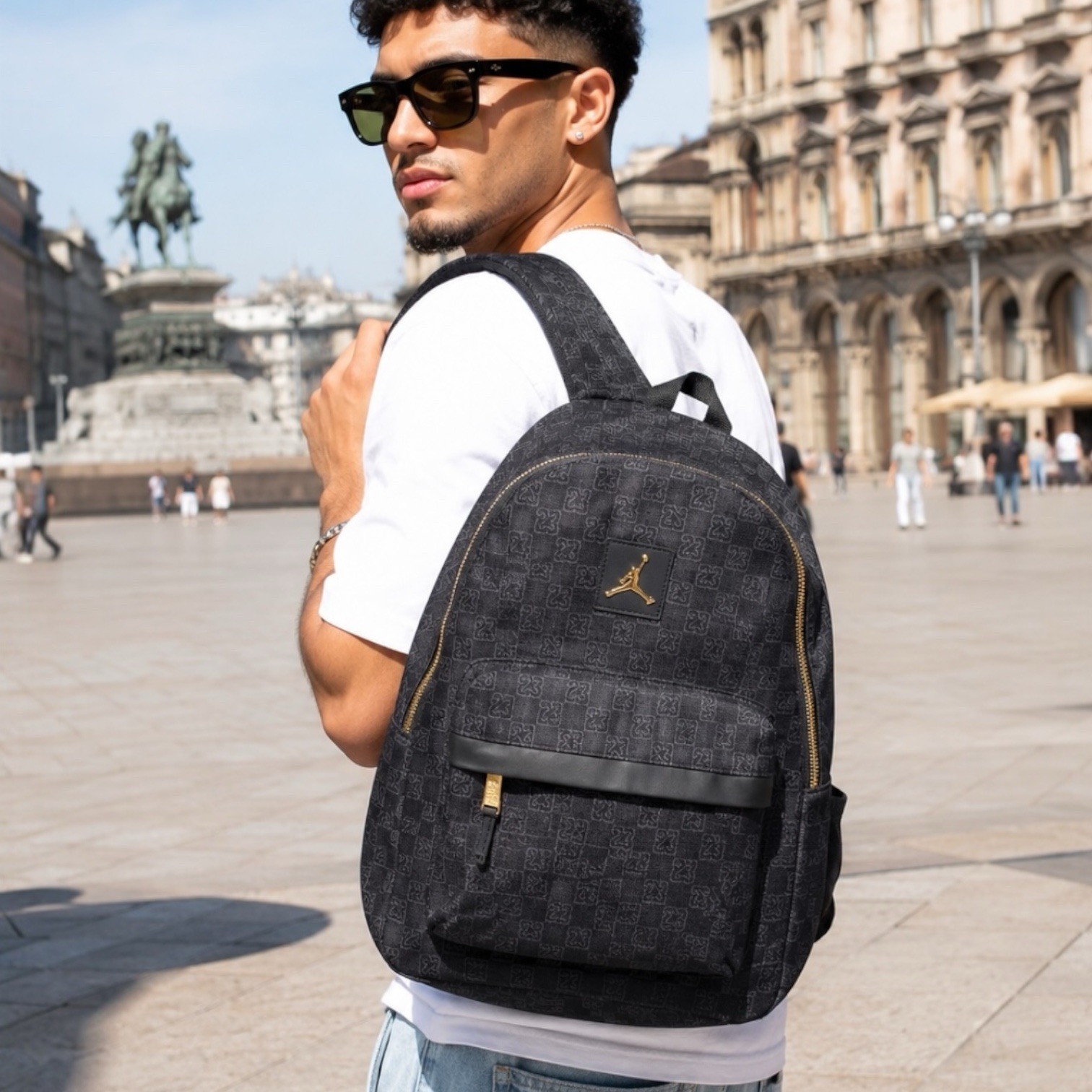 Jordan Monogram Backpack Mens 25L Black Gold Zip Jumpman 23 School Travel Bag