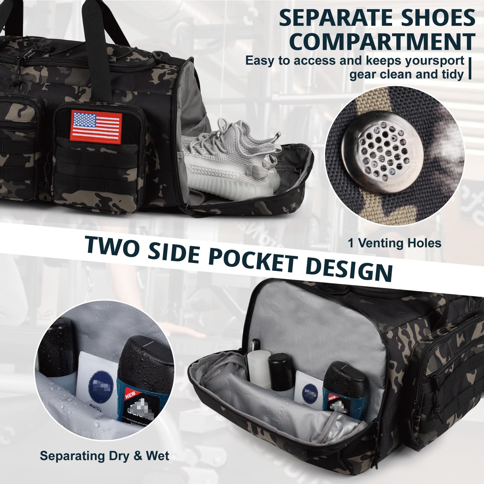 Tactical Gym Bag for Men，50L Large 3 in 1 Sports Duffle Bag with Shoes Compar…