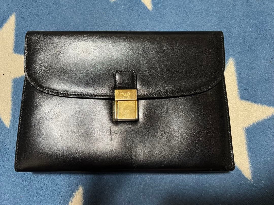 Bally Black Leather Clutch Bag Gold Logo Formal Casual Authentic