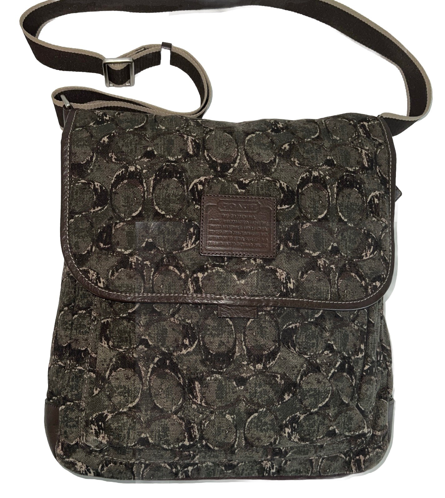 New COACH Heritage Web Green Brown Canvas Logo Leather Messenger Bag #F70627 U2