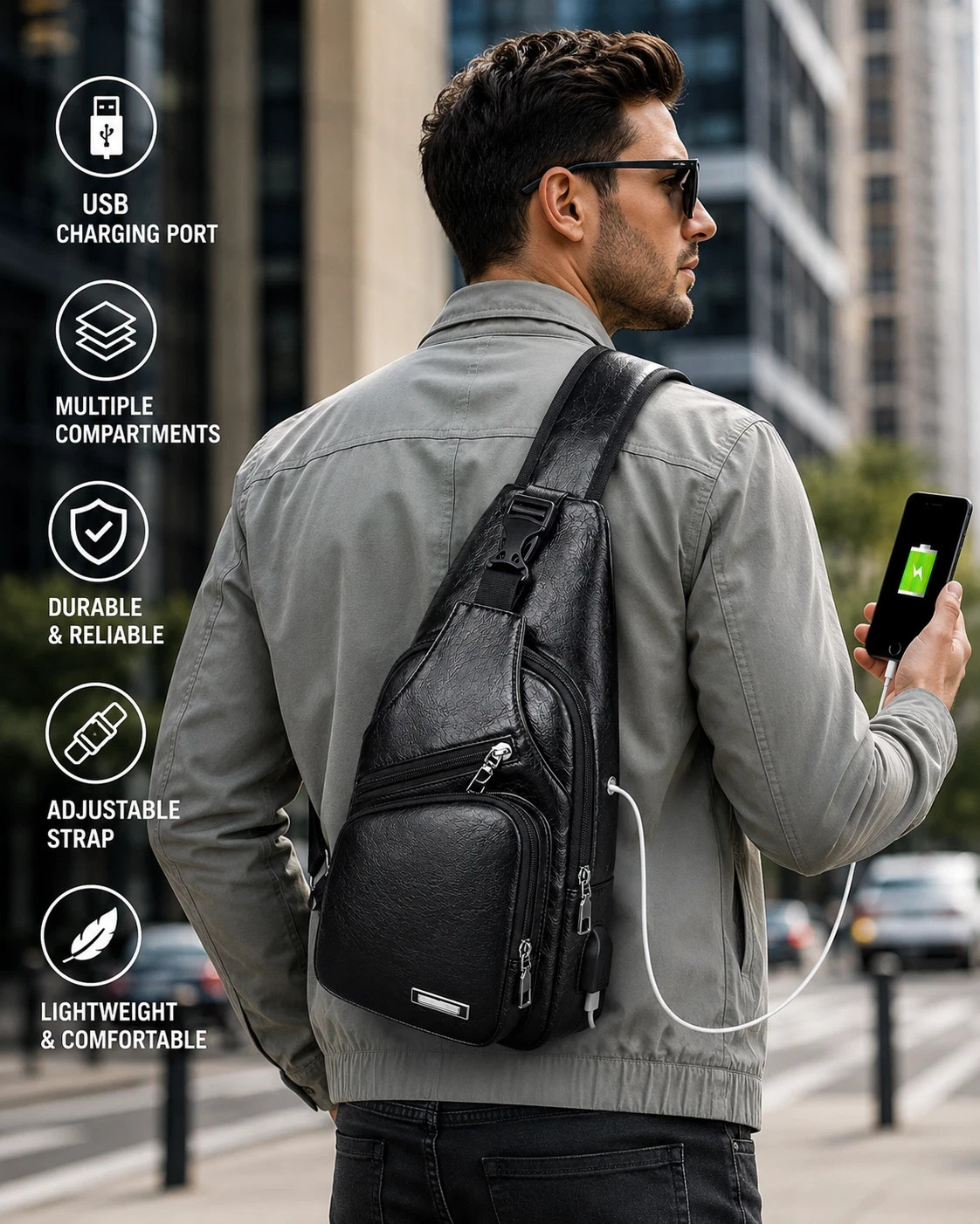 Black Chest Crossbody Bag Sling Backpack for Men with USB Charge Port