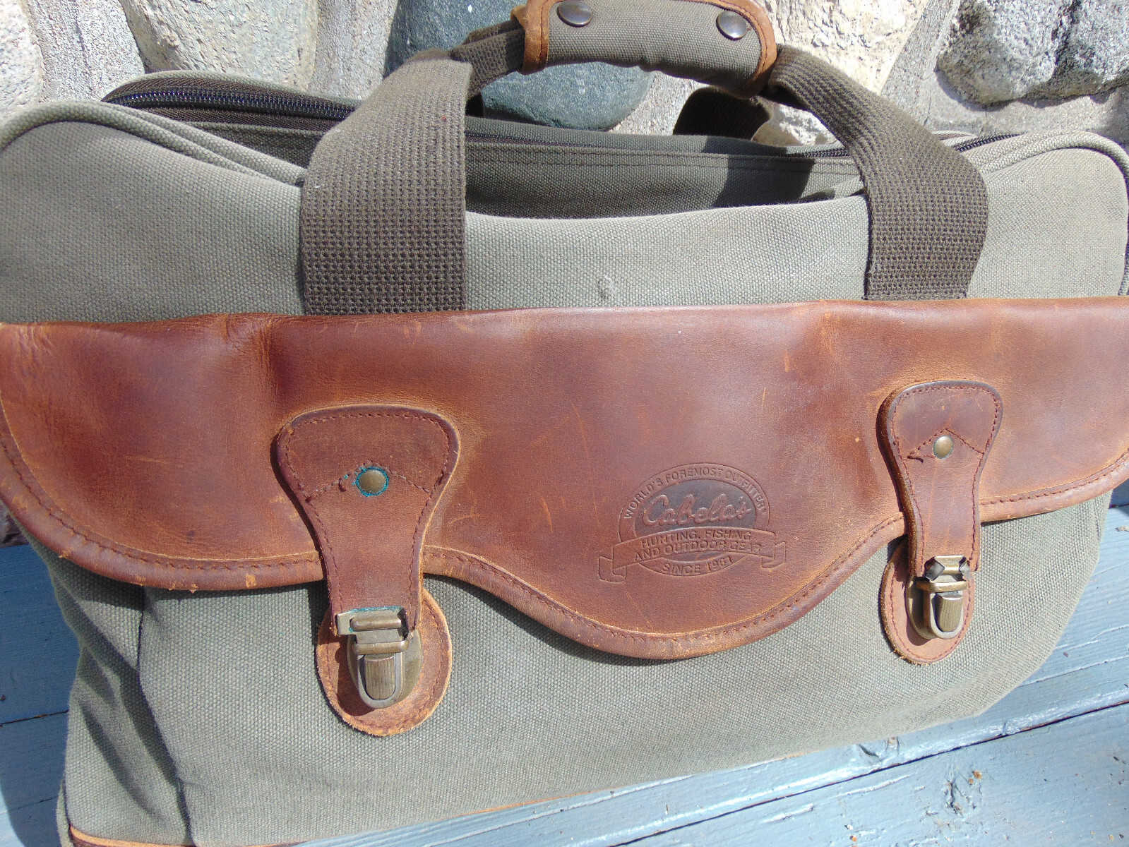 Vintage CABELA’S Olive Green Canvas & Leather Satchel Travel Bag Carry-on Pack