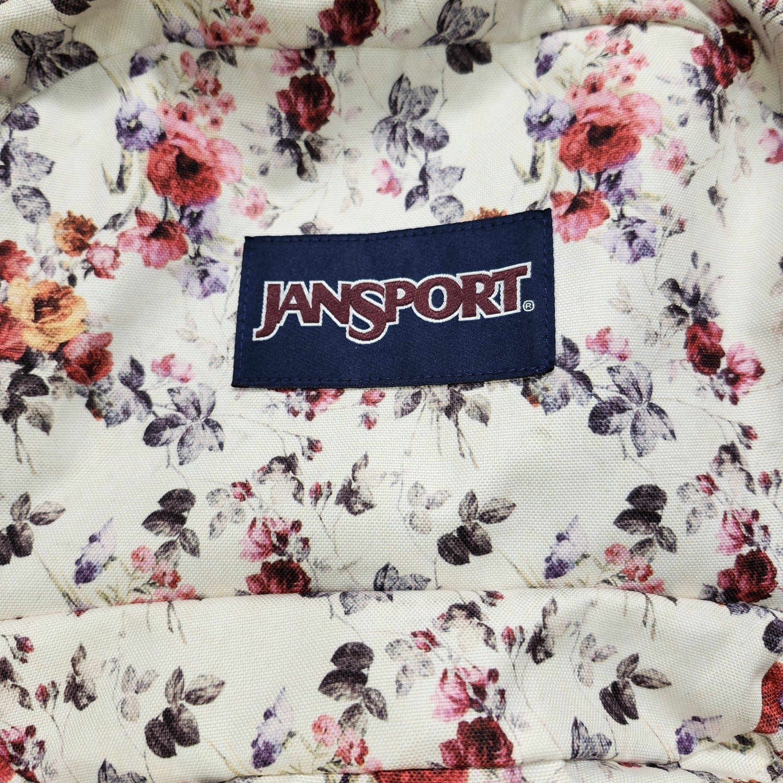 Jansport Backpack, Floral Superbreak White With Multicolor Flowers Front Pocket