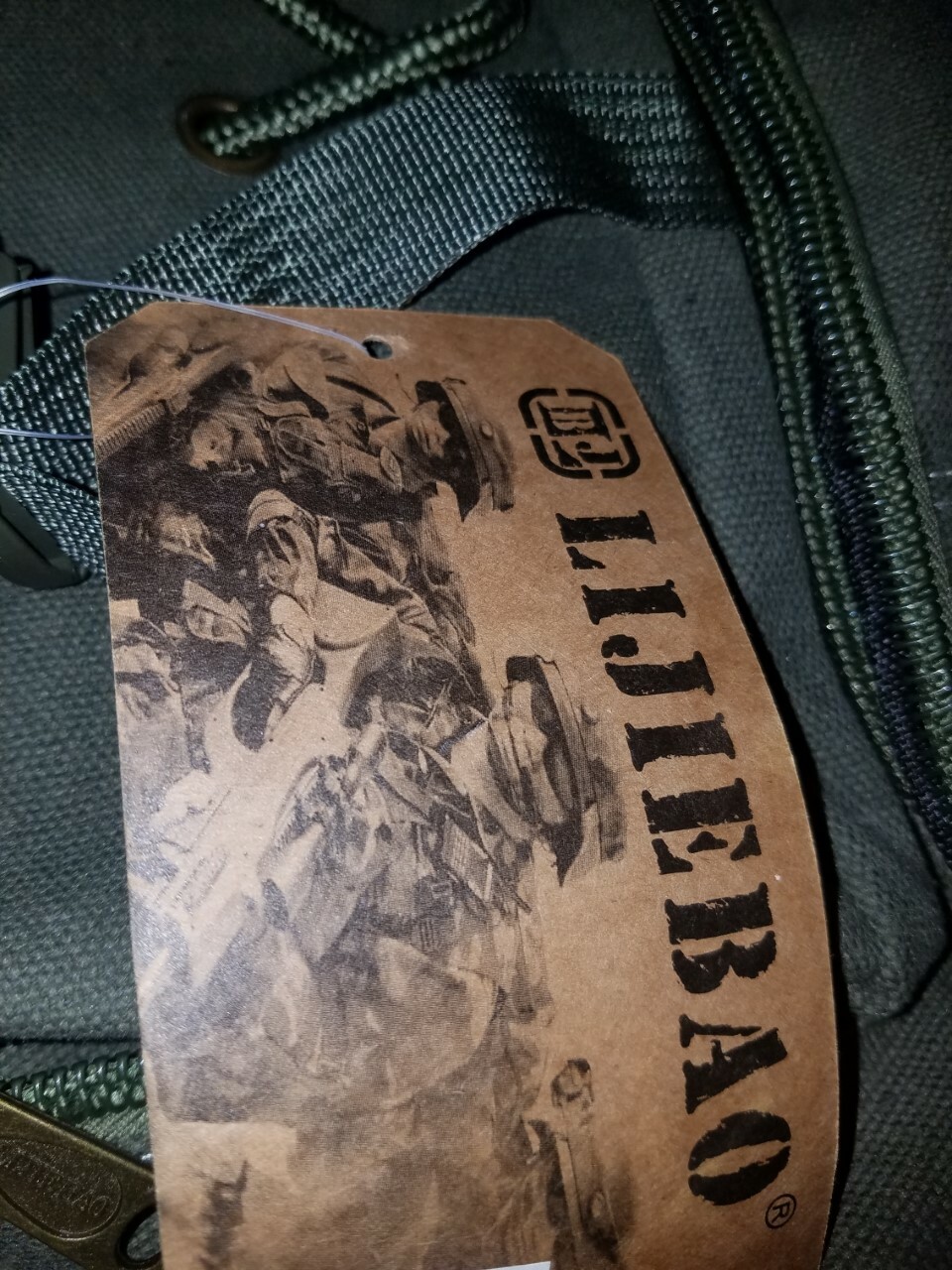 Army Green BJ Lijiebao Since 2011 Backpack Book Bag Thick Cotton Duck Canvas