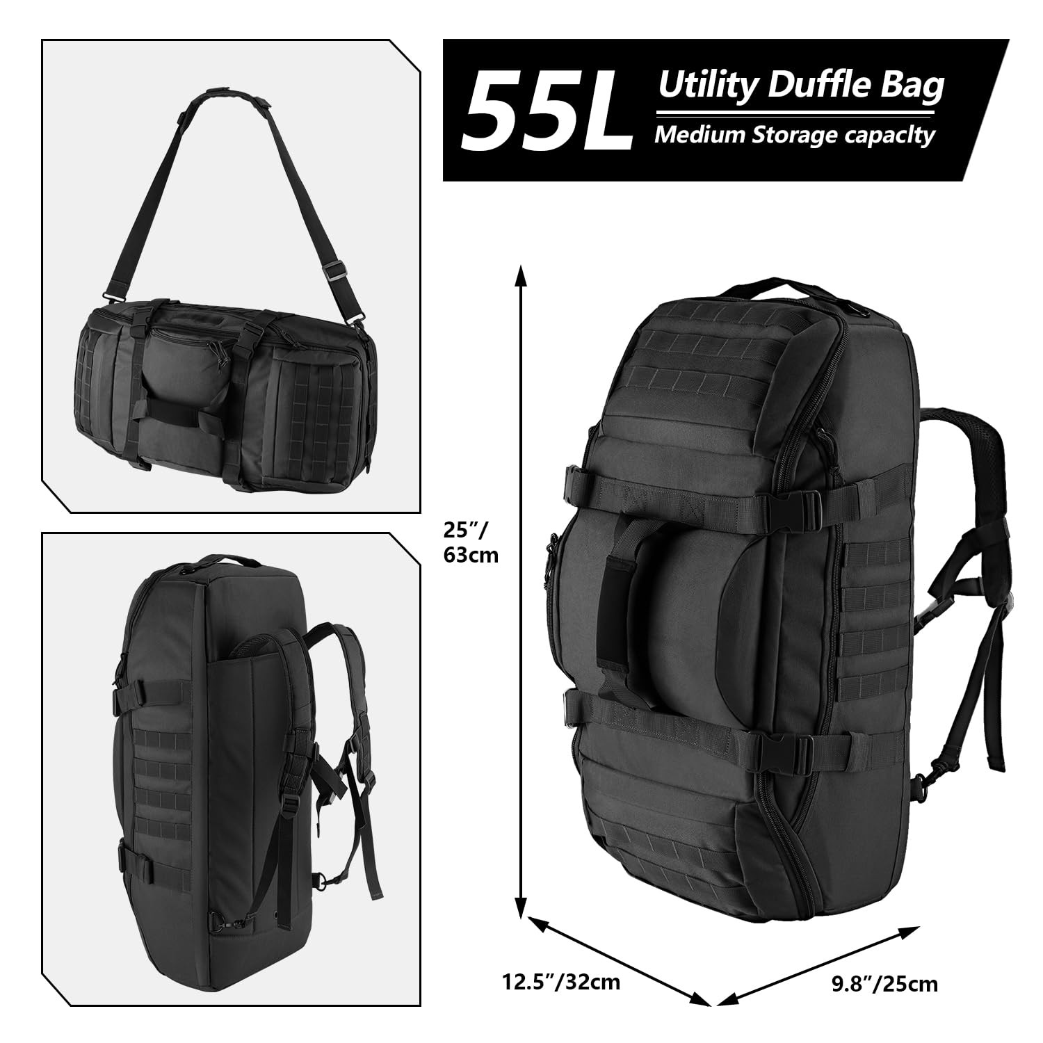 55L Large Duffle Bag 3in1 Tactical Backpack MOLLE Pack for Gym and Sports, Black