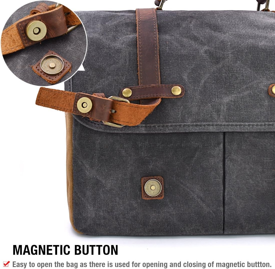 Men’s 15.6″ Waterproof Leather Canvas Laptop Messenger Bag Grey Satchel
