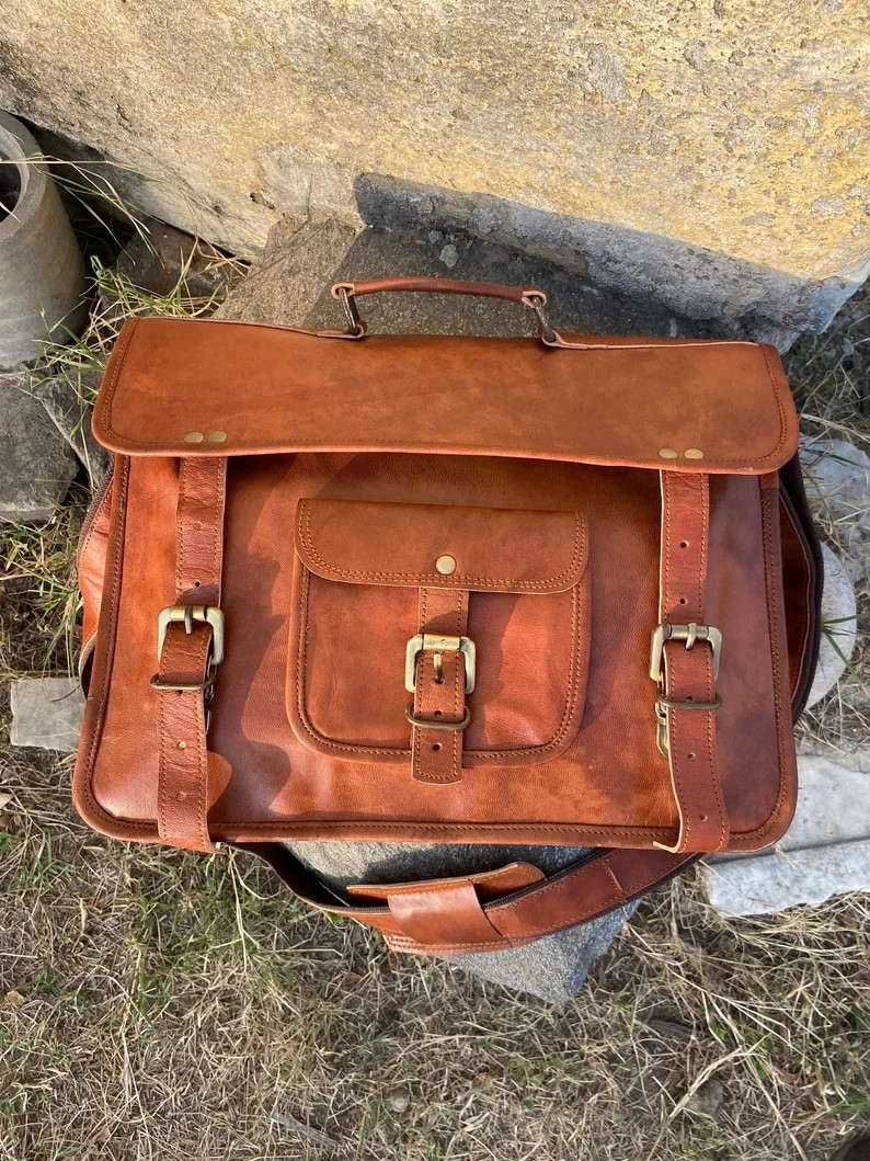 Real Goat Leather Messenger Bag Men’s Genuine Brown Laptop Satchel Briefcase