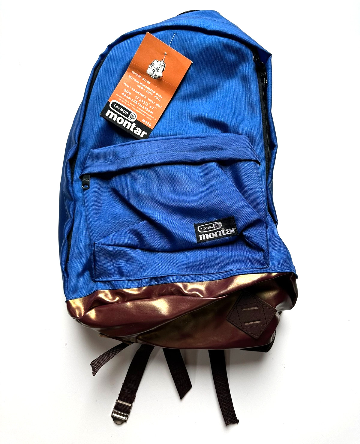 VTG NWT Taymor Montar Blue Brown Oxford Nylon Satin Backpack Vinyl Bottom RARE