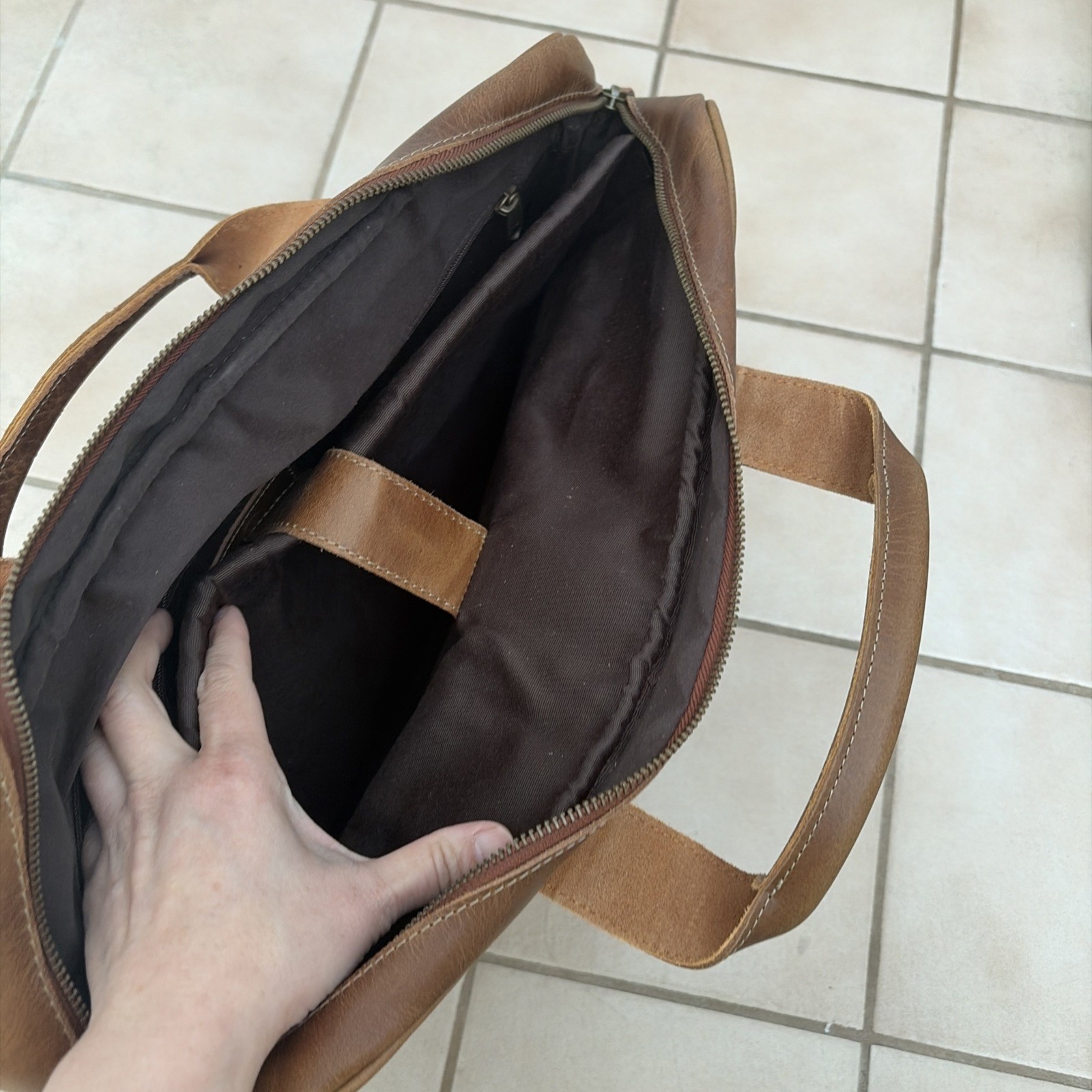 KomalC Leather Messenger Laptop Bag Brown Distressed Briefcase NWOT