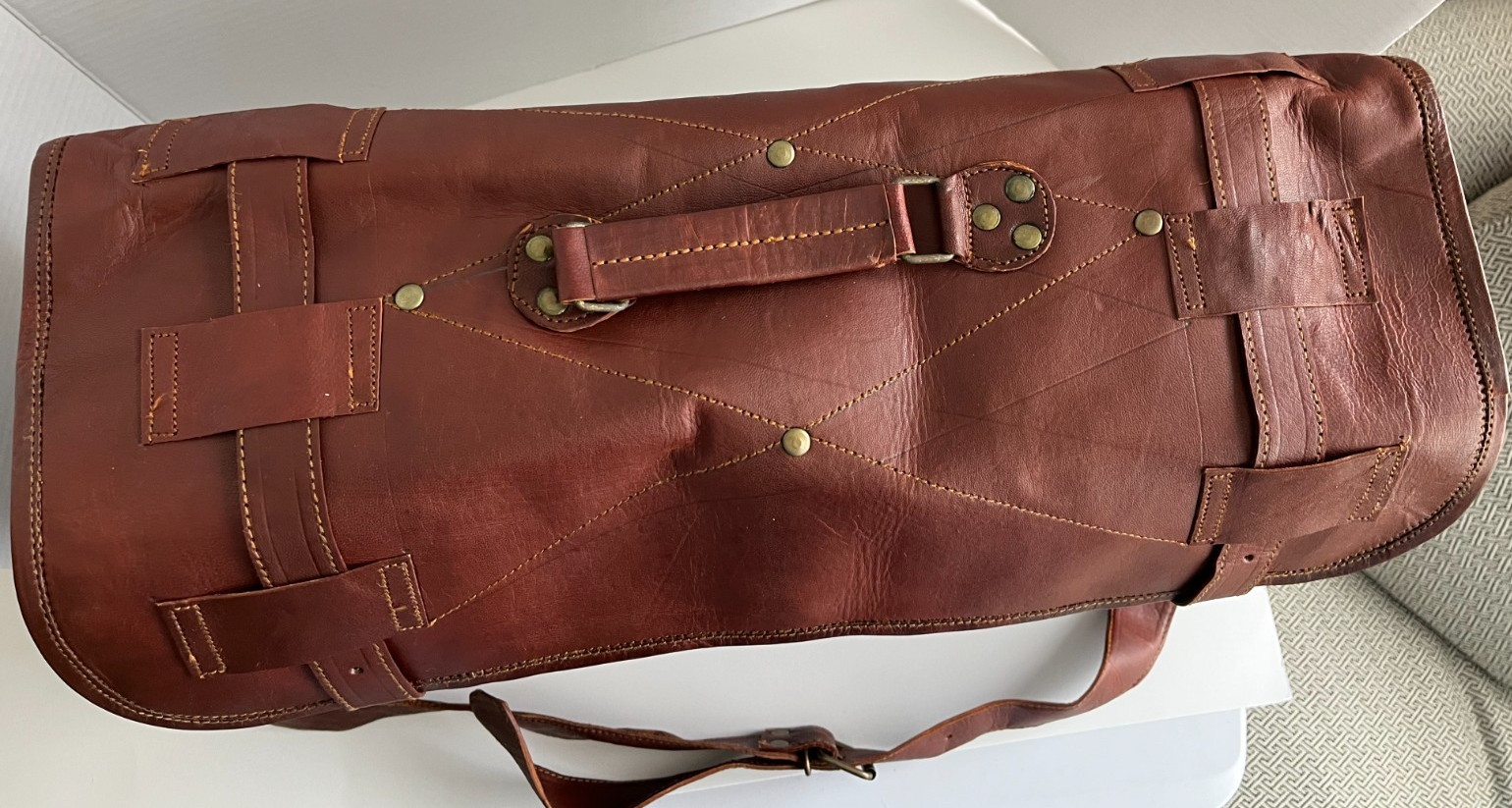 Large Brown Leather Messenger Bag with Buckled Pockets & Zip Top, Made in India