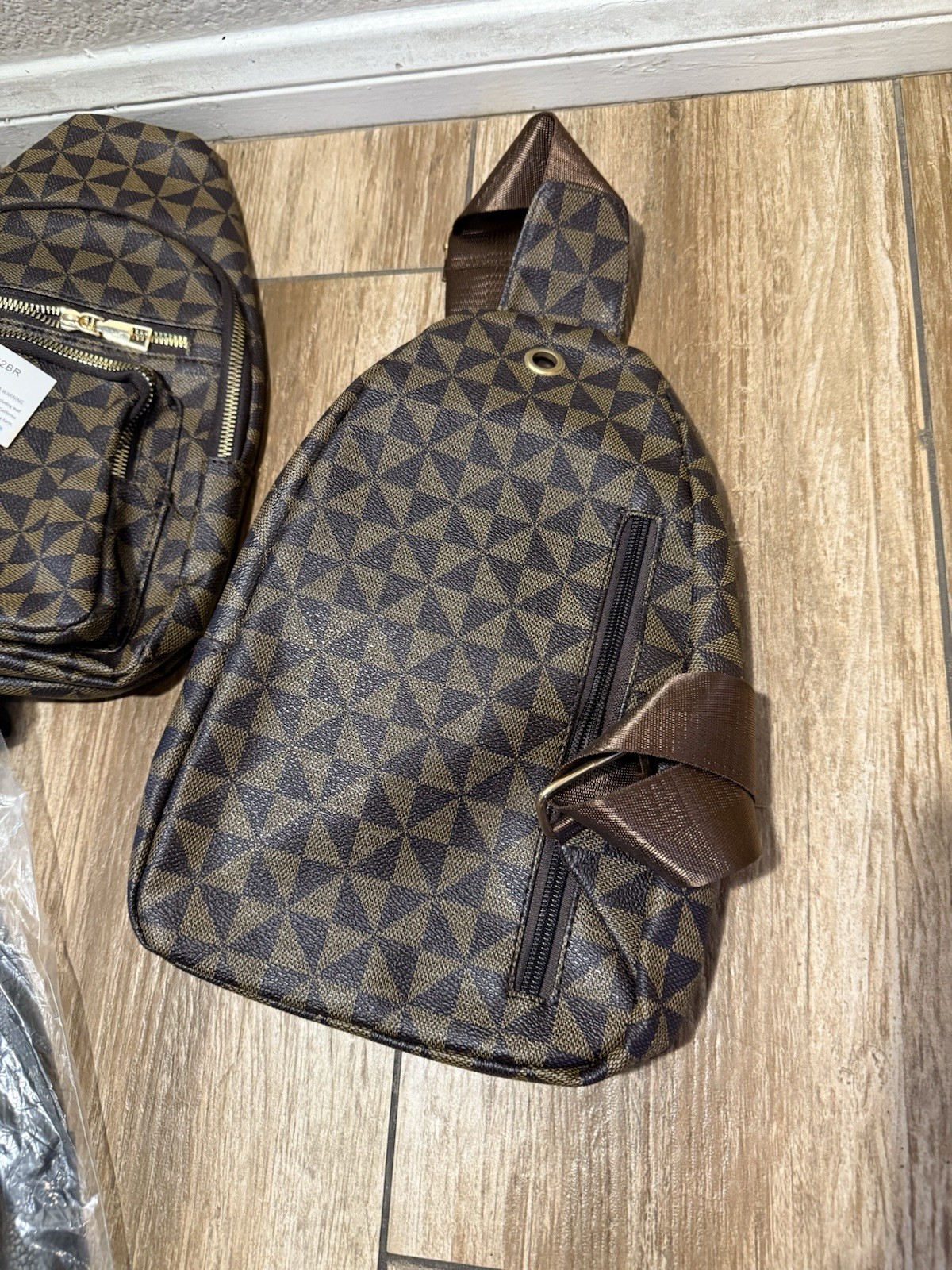 Men’s Brown/Black Geometric Crossbody Sling Bag Zip Closure Pockets Adjustable