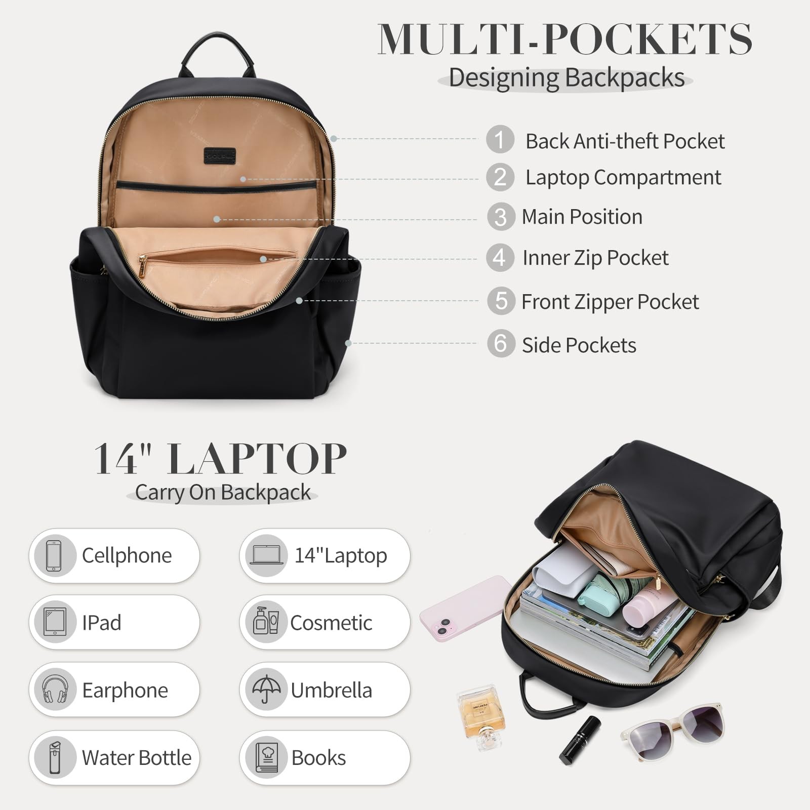 Stylish Laptop Backpack For Women Computer Bag Fits 14 Inch Travel Black