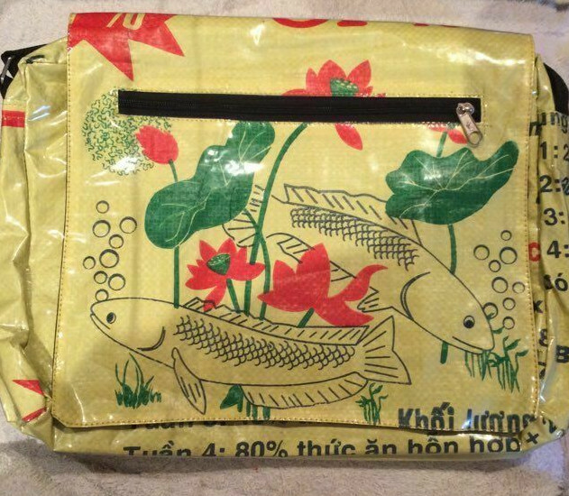 Fair Trade Recycled Deluxe Messenger Bags made in Cambodia from Fish Feed Bags