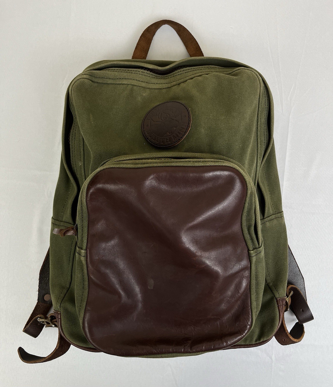 Duluth Pack Green Canvas & Brown Leather Backpack Made In USA YKK Zip Rare