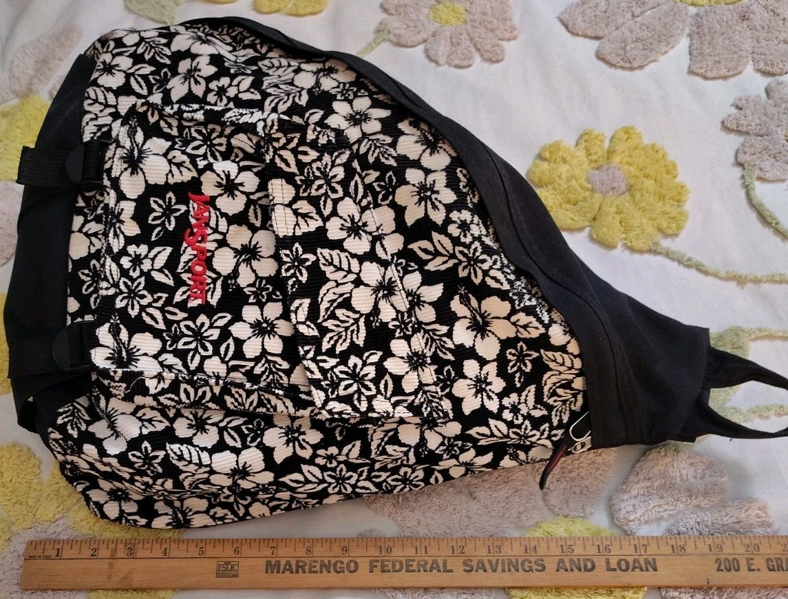 Vtg Jansport Sling Backpack Black Ivory Corduroy Hawaiian Floral Hibiscus