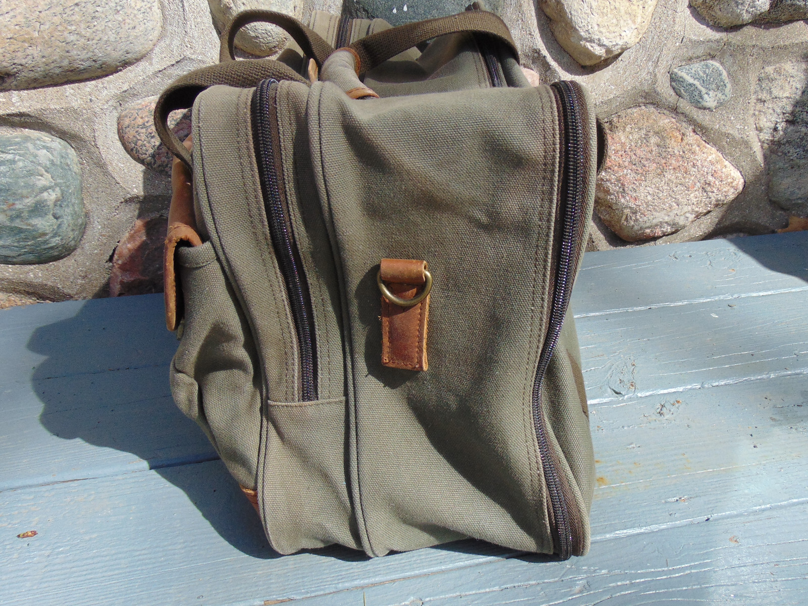 Vintage CABELA’S Olive Green Canvas & Leather Satchel Travel Bag Carry-on Pack