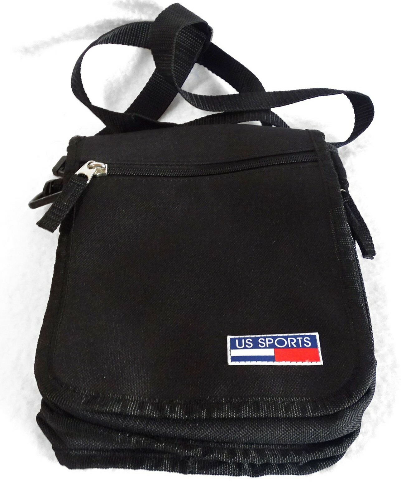 Shoulder Bag US Sports 3 Zip Pockets Black Canvas Hook & Loop Closure 7x9x2-/1/2