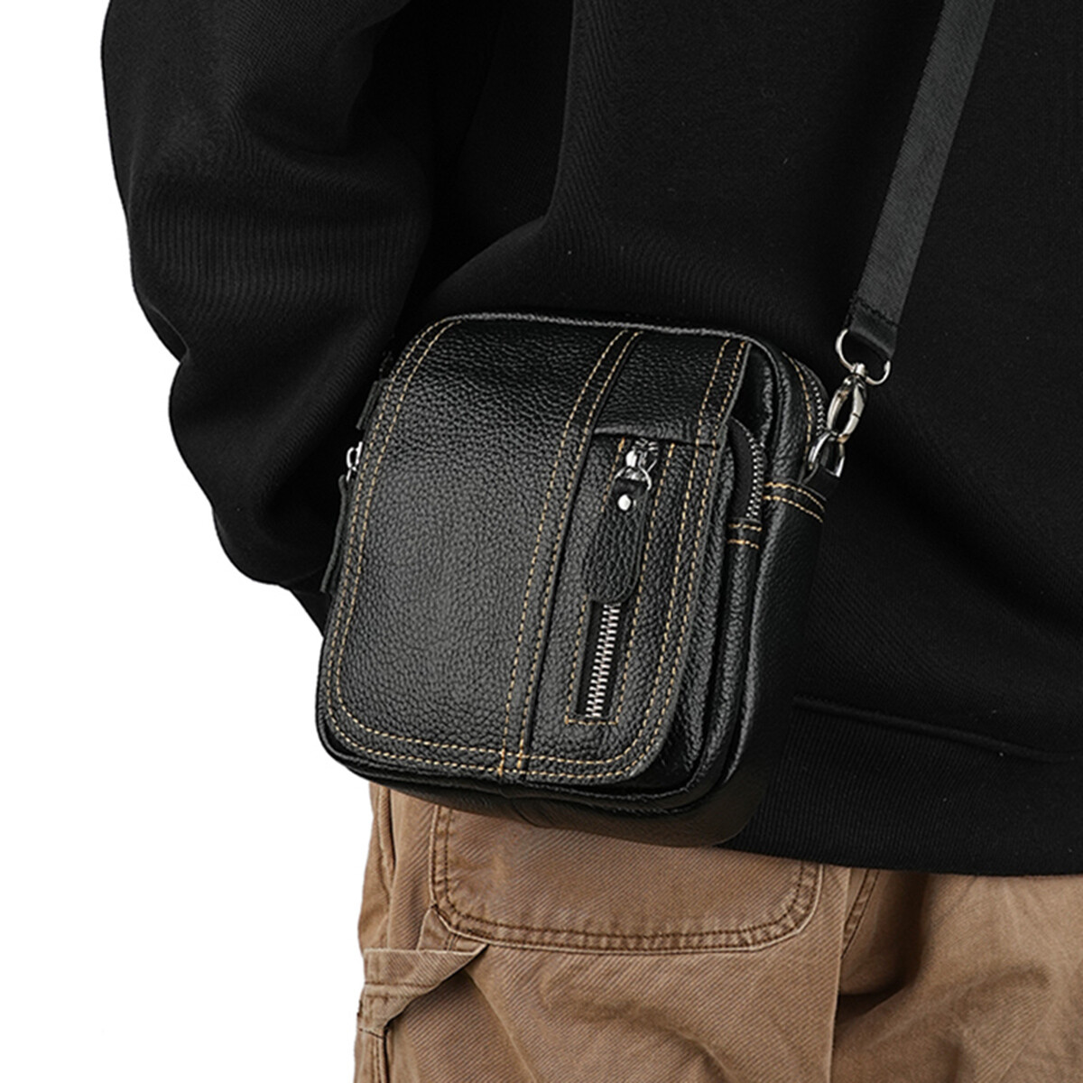 Mens Genuine Leather Mini Messenger Cross Body Handbag Shoulder Bag Large Purse