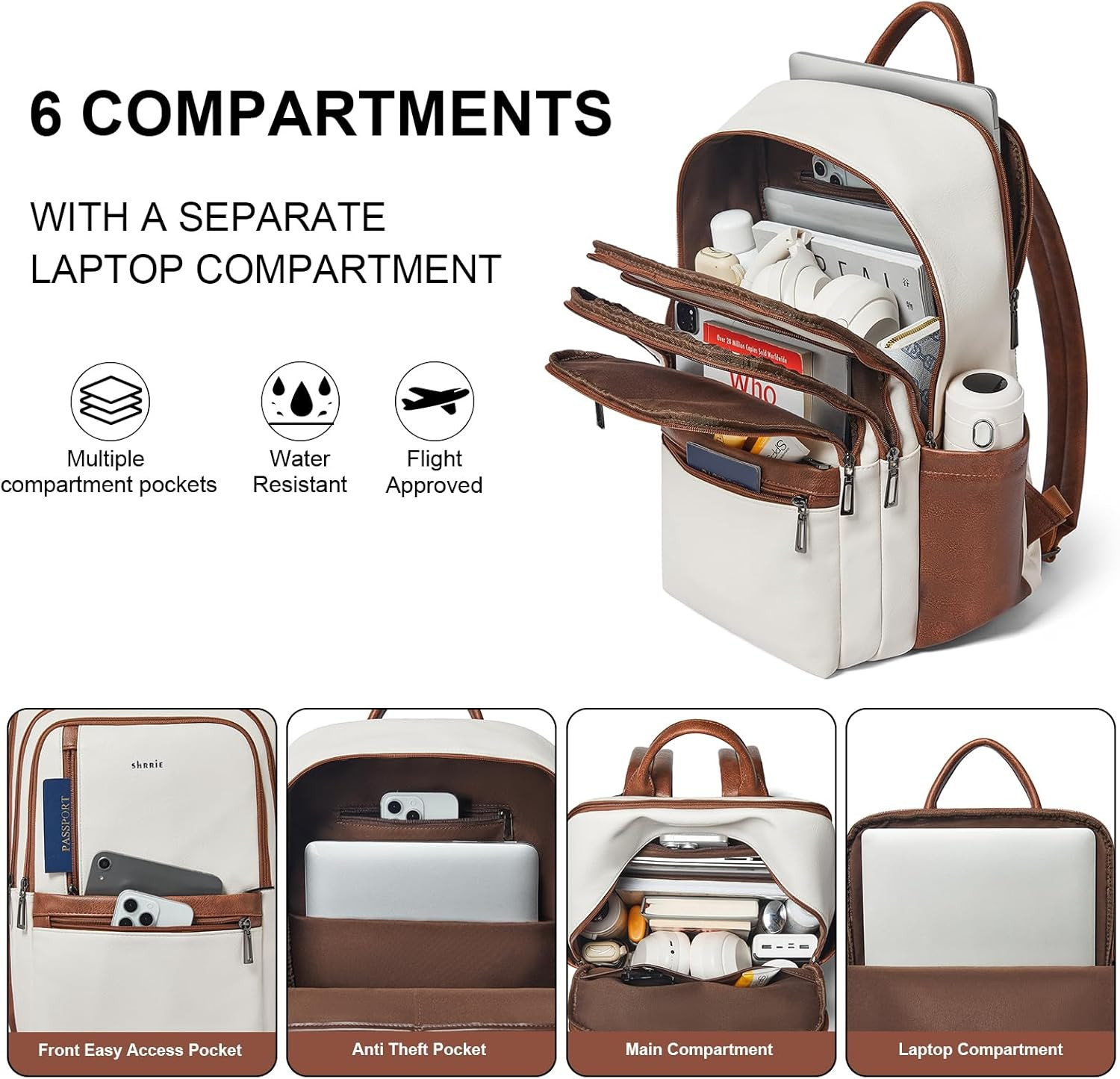 17 Inch Leather Laptop Backpack for Women, Travel Backpack with 6 Compartments