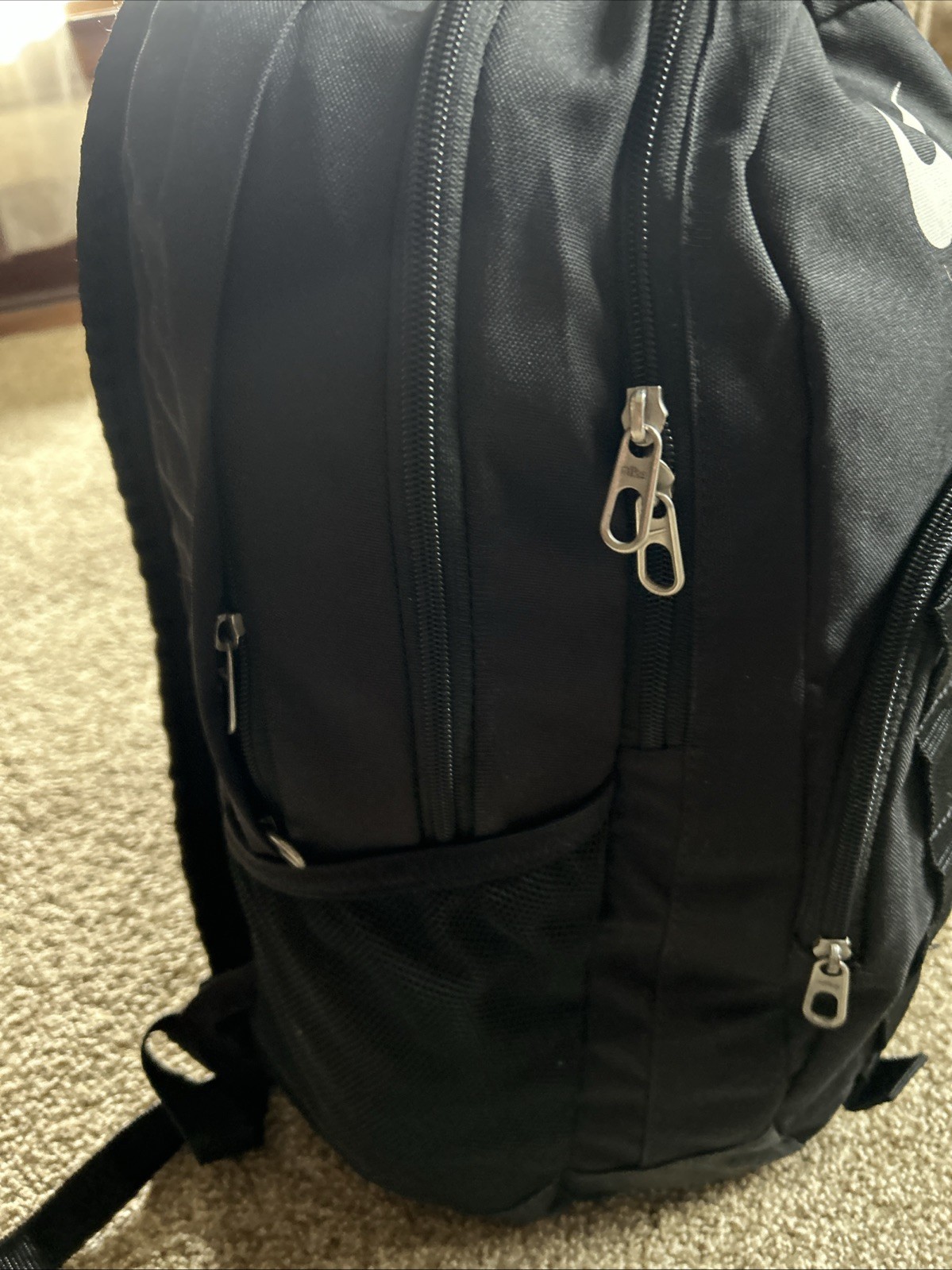 VTG Nike Nylon Backpack Black 4 Outside Zip Pockets 18x13x5 Zip Both Ways EUC