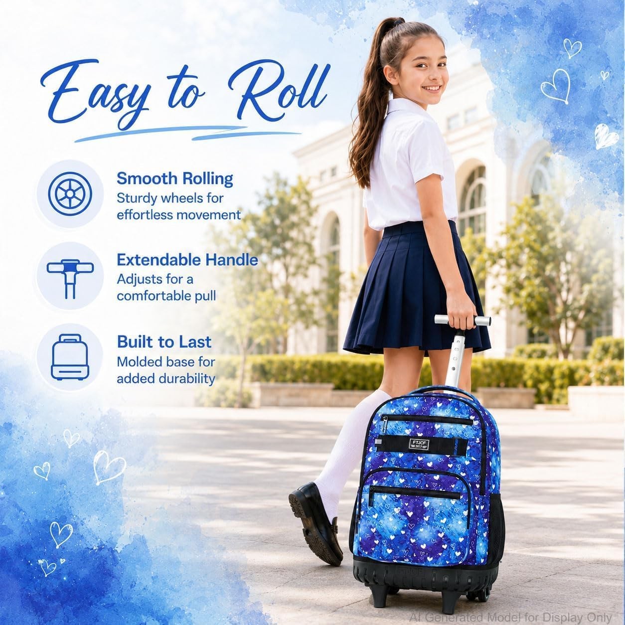 Rolling Backpack 19″ X 13″ X 8″ for Girls – 3-in-1 with Lunch Box & Pencil Bag