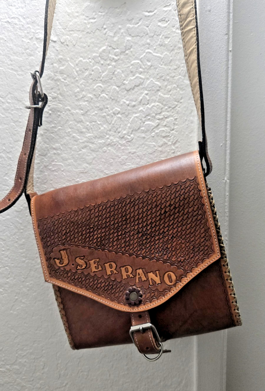 Vintage Handmade Tooled Leather Crossbody Messenger Bag Western J Serrano Brown