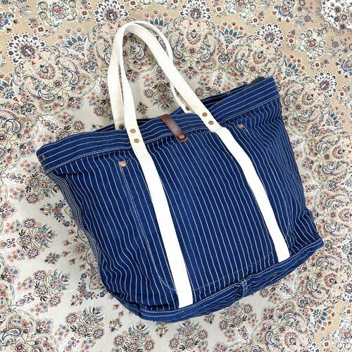 [B+, Size OS] RRL Double RL Stripe Denim Tote — Suede Trim / Canvas Handle / USA