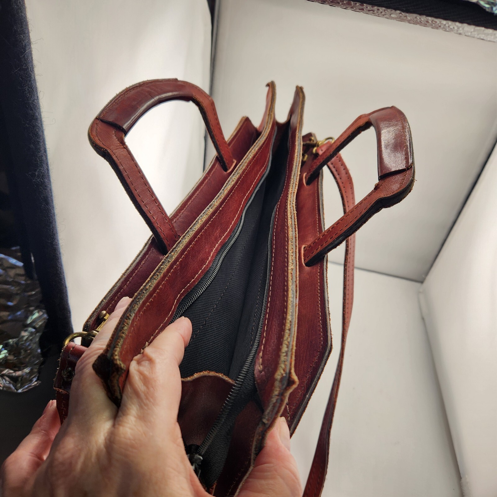 Brown Leather Briefcase Attache Vintage Dbl Handles Crossbody 16.5″ x 11″ x 3″