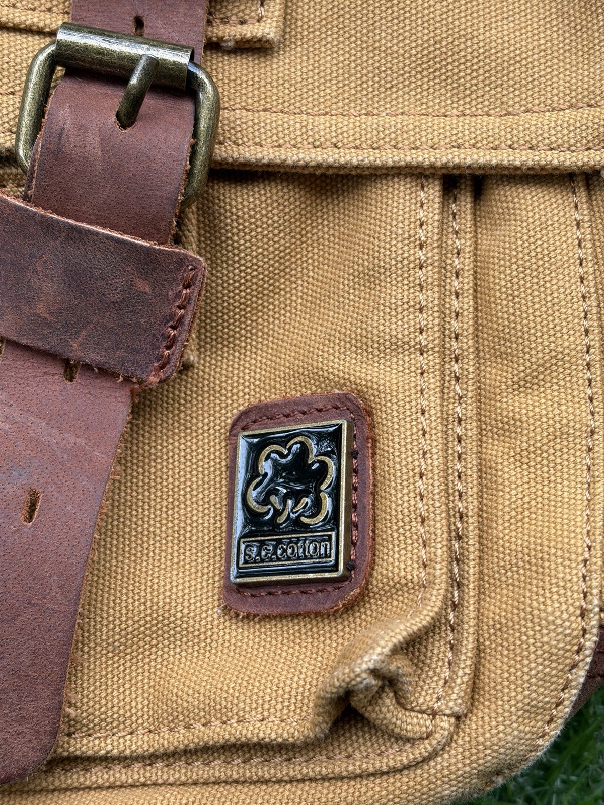 S.C. Cotton Canvas Messenger Bag Tan Khaki Leather Strap Satchel Vintage Style