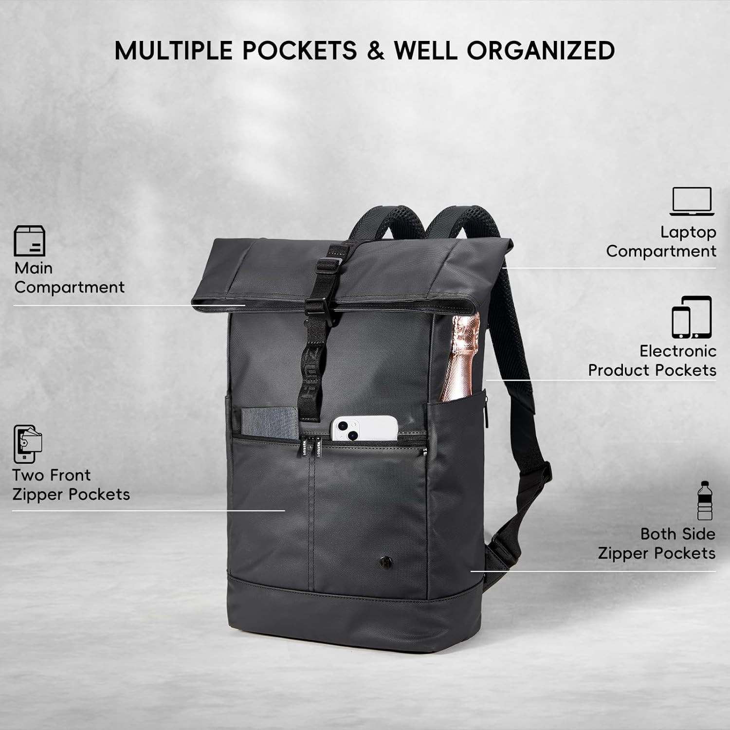 Rolltop Backpack for Adults, Water Resistant Expandable Daypack with Dedicated C