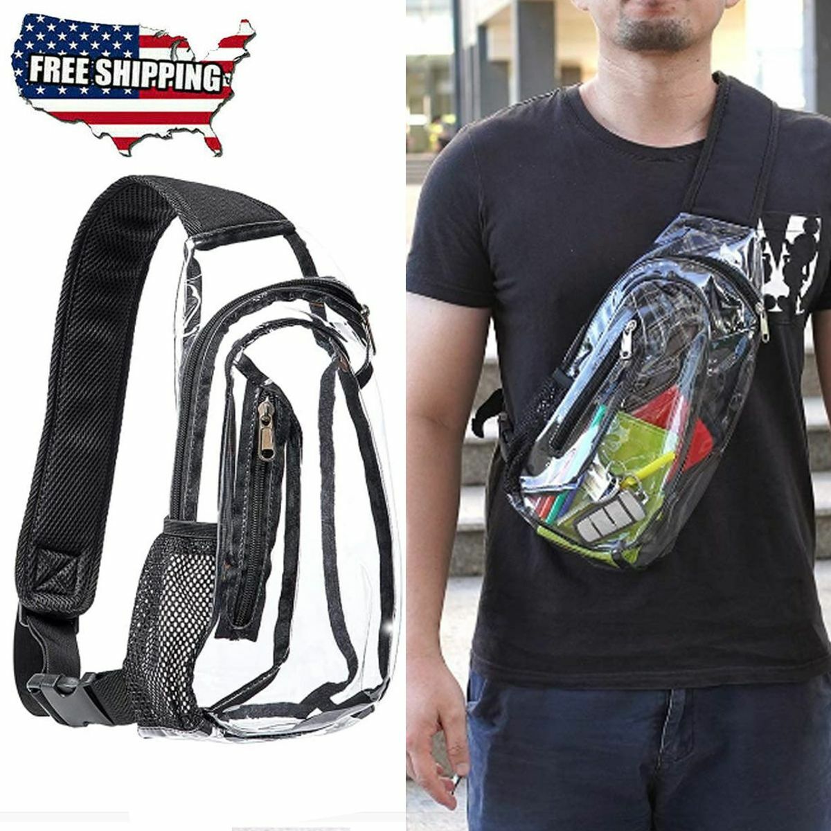 Adjustable Clear PVC Sling Bag Transparent Stadium Shoulder Crossbody Backpack