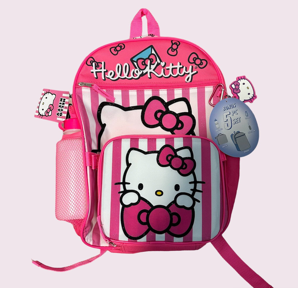 Hello Kitty Backpack 5 Piece Lunch Bag Carabiner Water Bottle Key Chain Sanrio