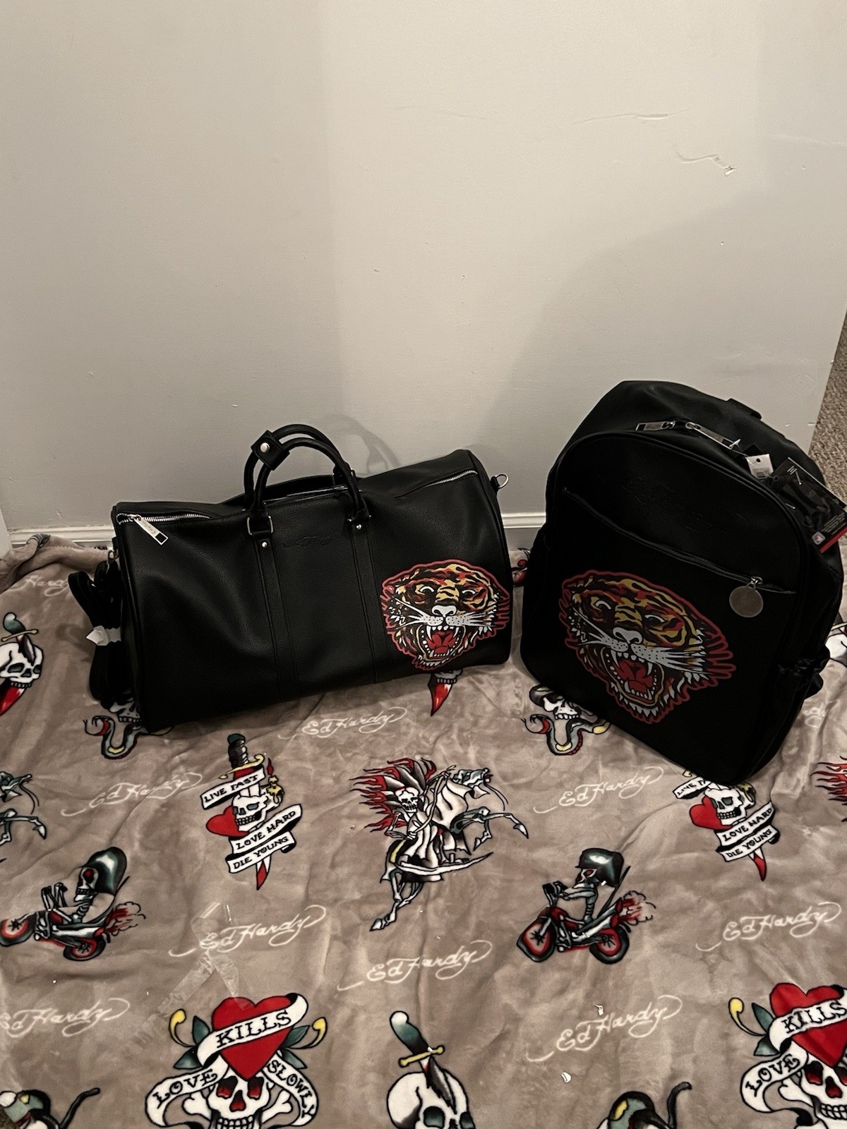 Ed Hardy Tiger Graphic Black Backpack+matching Duffel Bag NWT