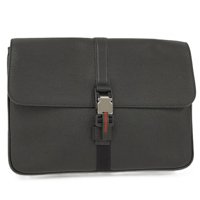 Gucci Web Stripe Medium Clutch Bag Business Case Soft Grain Leather Black 816755