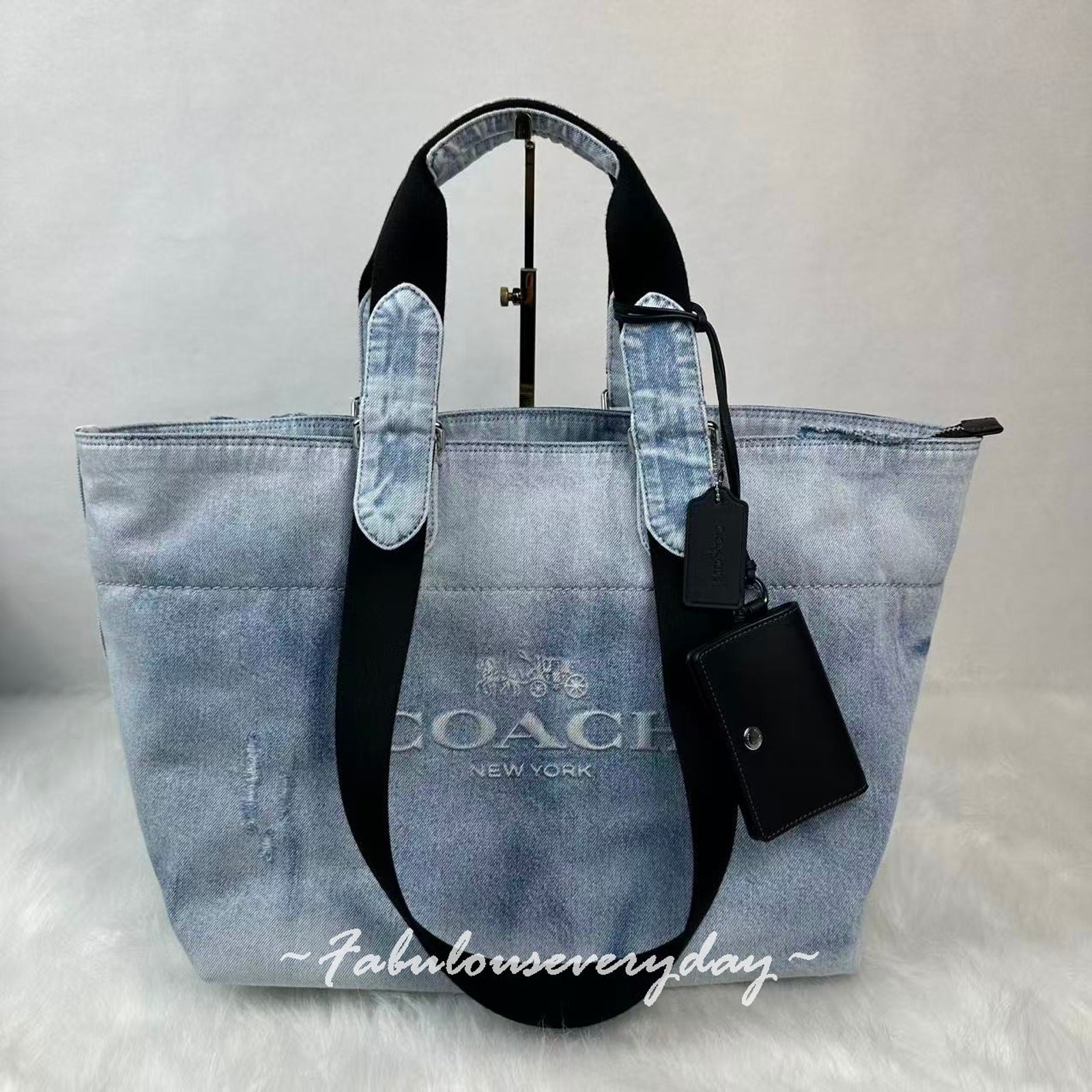 Coach Men’s Small Tour Tote Bag In Loved Denim With Charms Sv/Light Indigo CDY49
